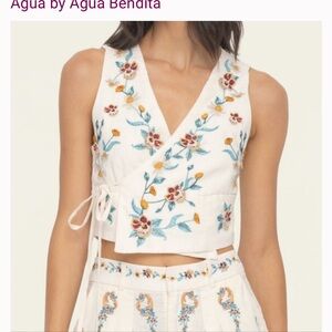 Agua by Agua Bendita Floral Embroidered Wrap Top - Cream, Blue, Red
